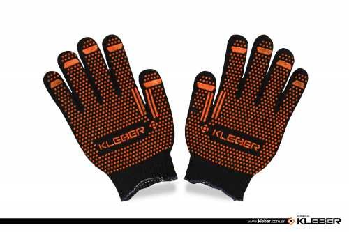 GUANTES TEJIDOS CON LATEX ALGODON VERDE MOTAS NARANJA SUPER PESADS